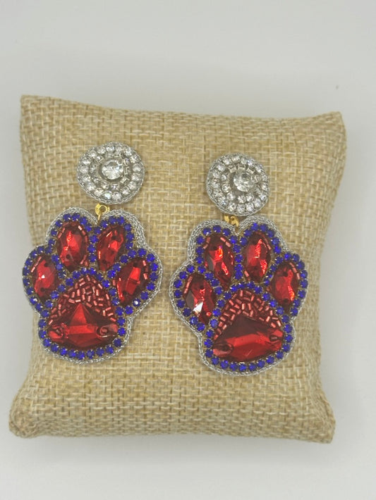 Red and blue paw beaded earrings