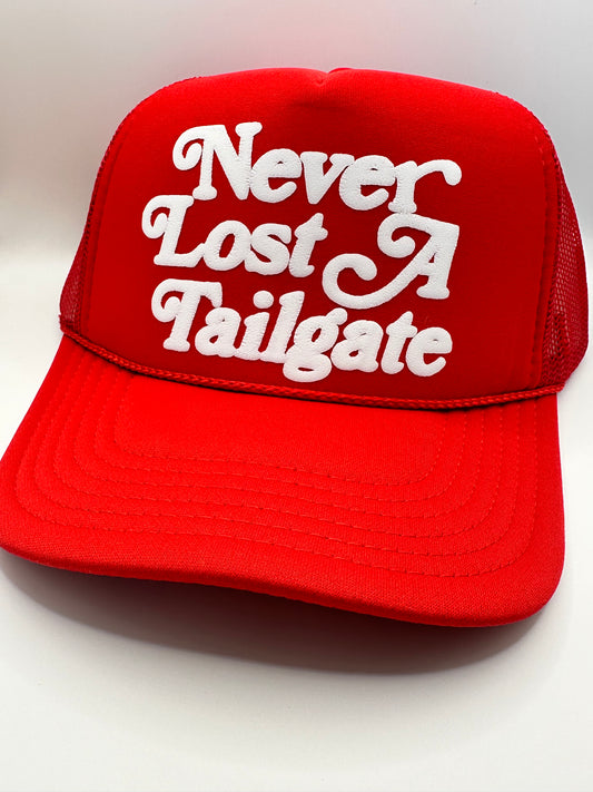 Never Lost a Tailgate red trucker hat