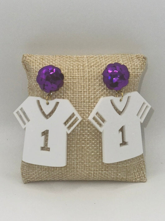 White Acrylic Football Jersey earrings- Sequin Purple top