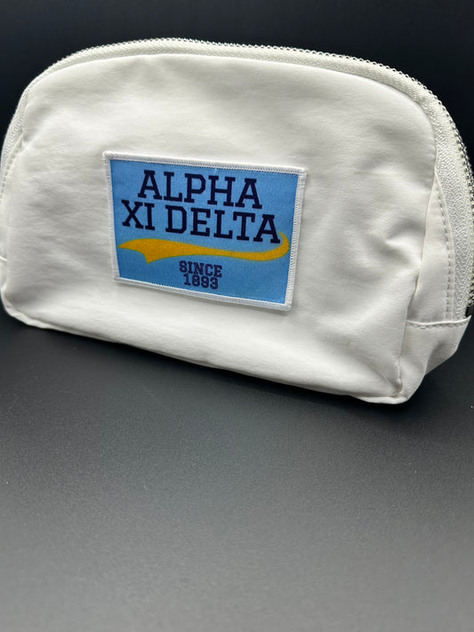 Alpha Xi white belt bag with patch
