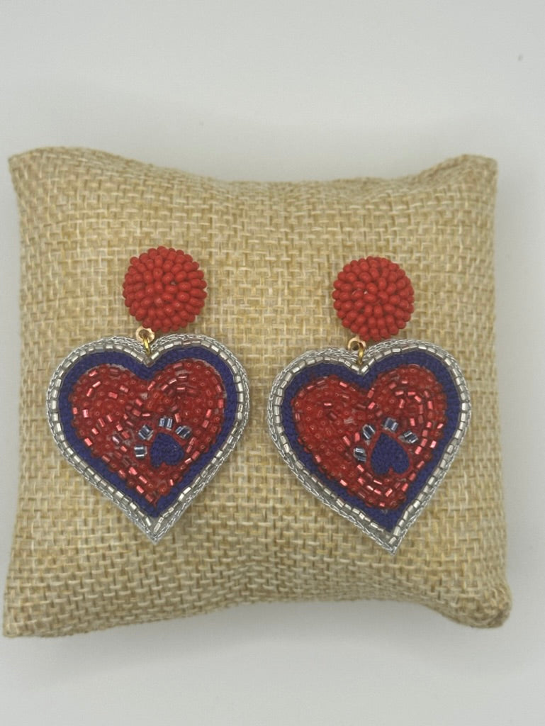 Red and blue paw heart beaded earrings