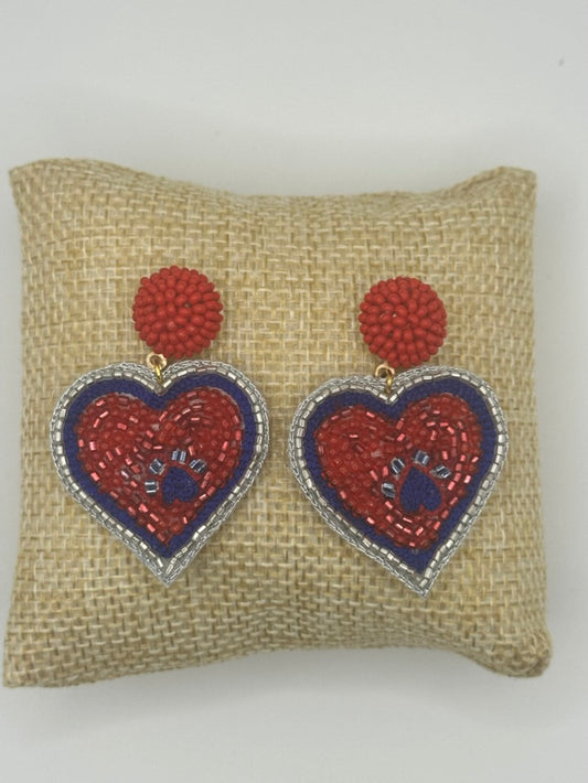 Red and blue paw heart beaded earrings